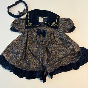 Vintage Allison Ann‎ Elegant Navy and Gold Kids Formal Dress Size 2T with head